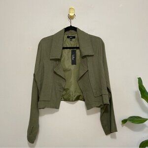 Lulus NWT Positively Chic Olive Green Linen Draped Open Front Moto Jacket